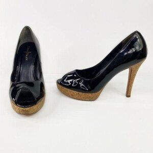 COLE HAAN Black Patent Leather Cork Platform Peep‎ Toe Heels 9
